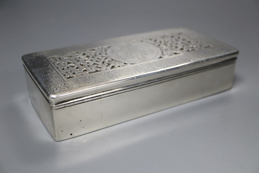 A continental white metal mounted rectangular cigarette box, with pierced engraved lid, 18.6cm, gross 17.5oz.
